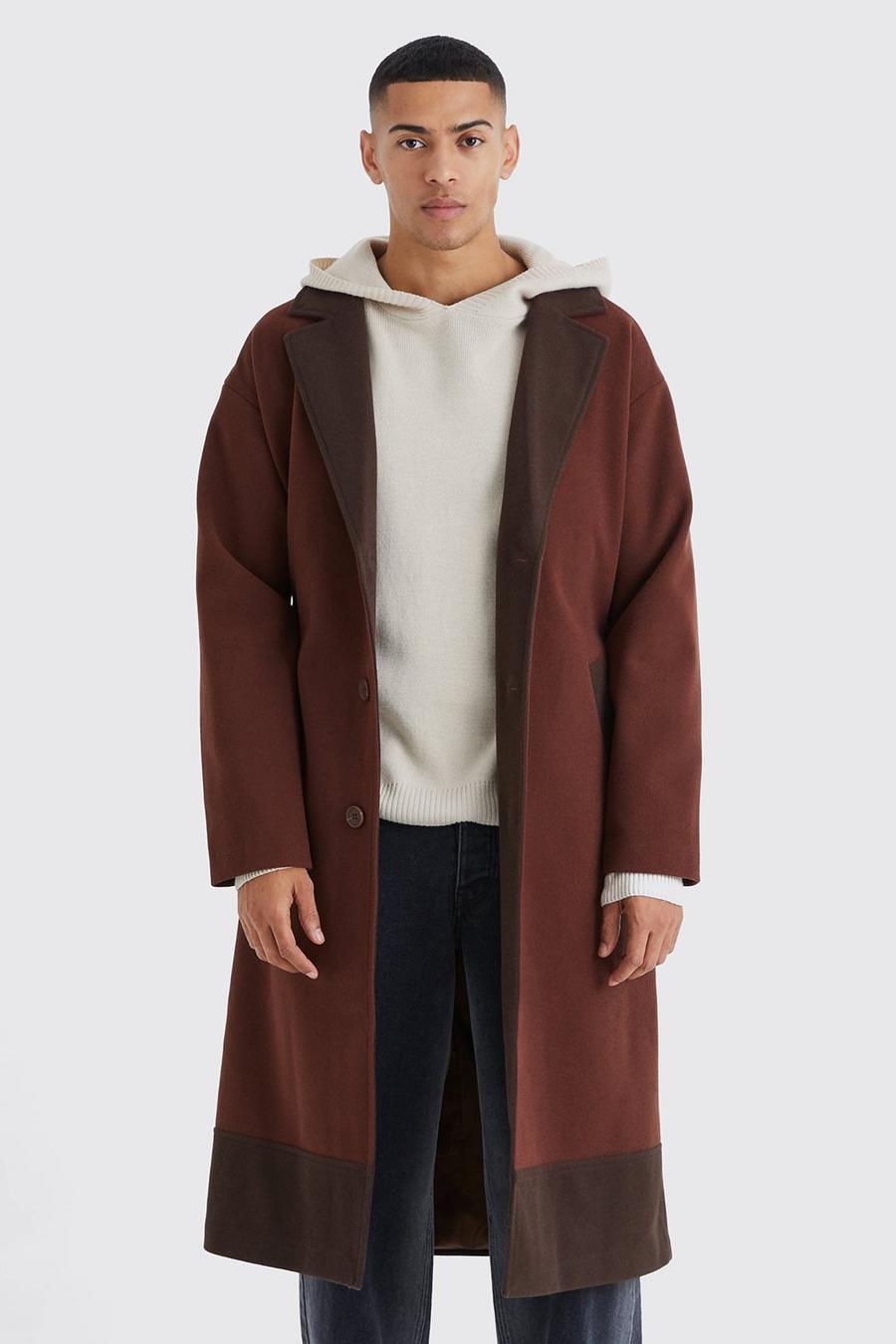 Chocolate Longline Colour Block Belted Overcoat 