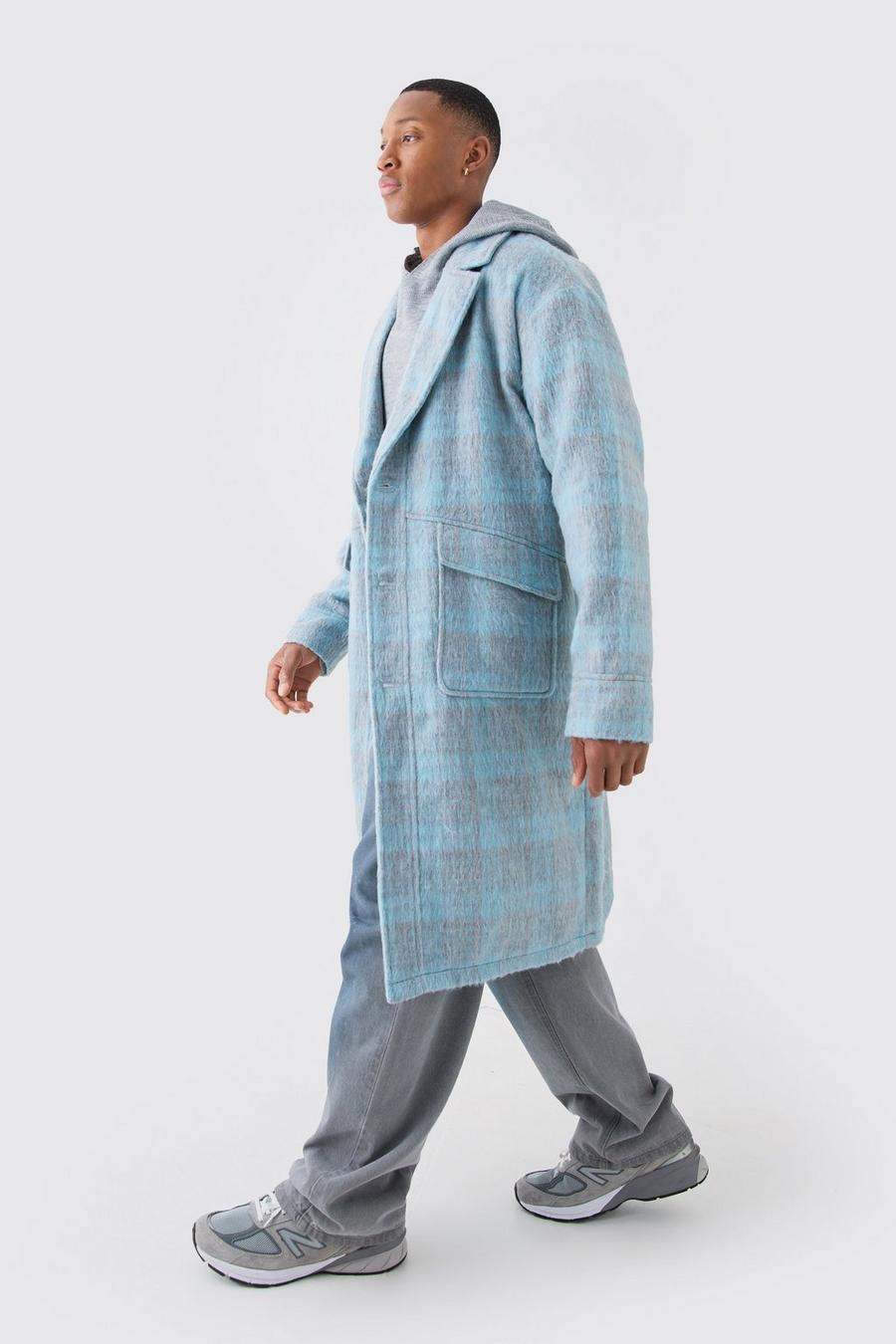 Blue Single Breasted Brushed Check Overcoat 