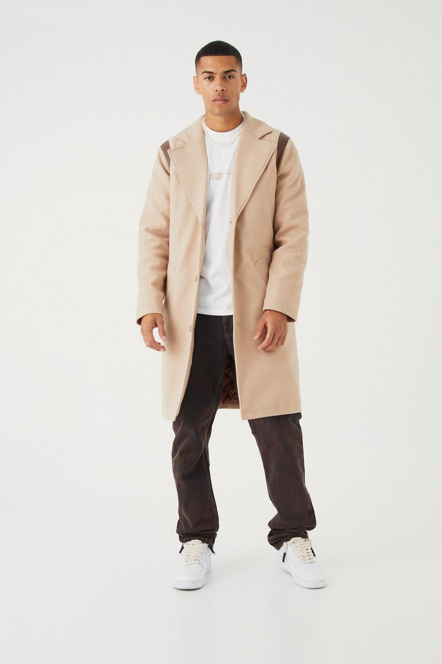 Sand Single Breasted Melton Overcoat With Pu image number 1