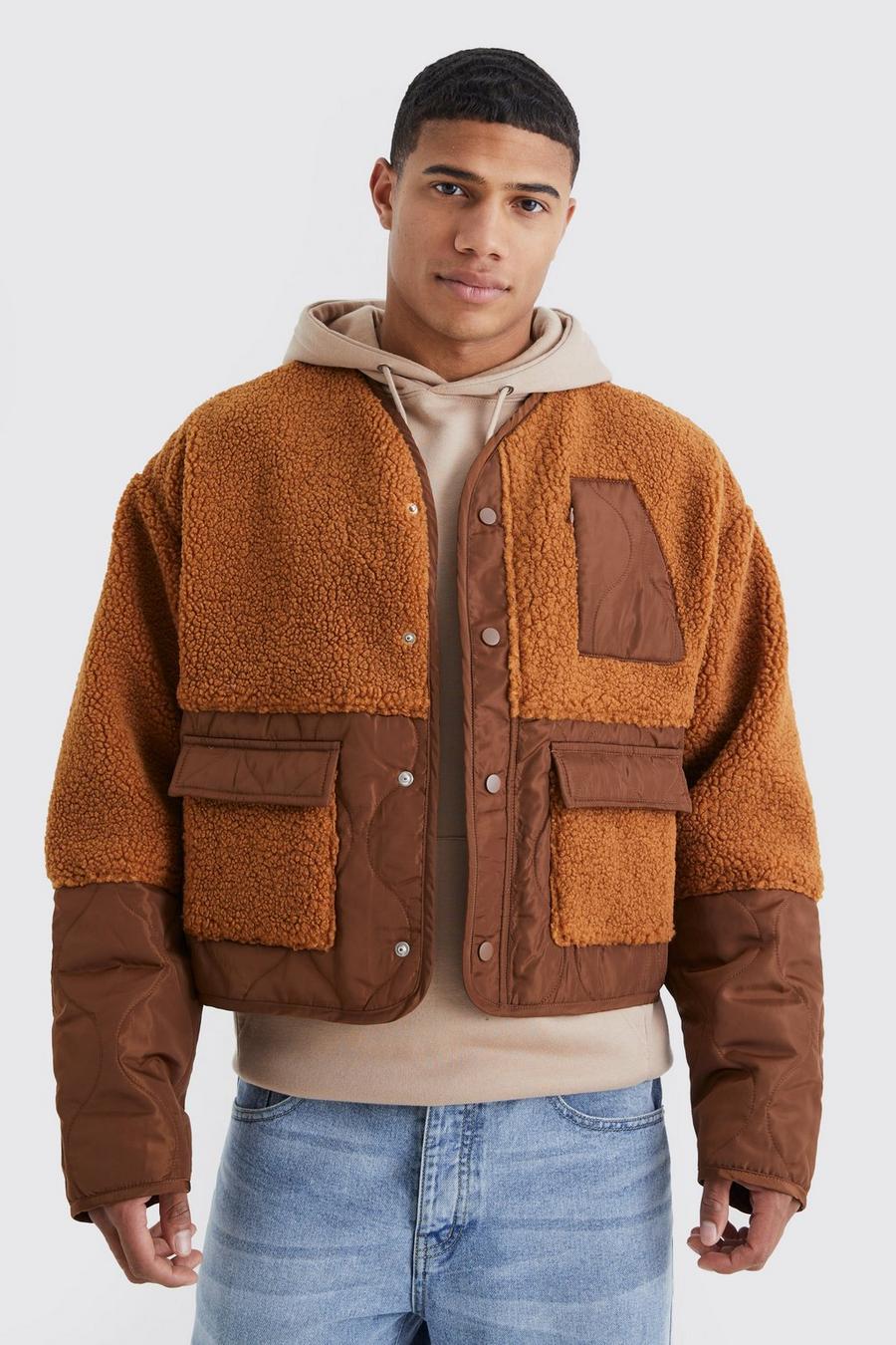Tan Borg & Quilted Nylon Collarless Bomber