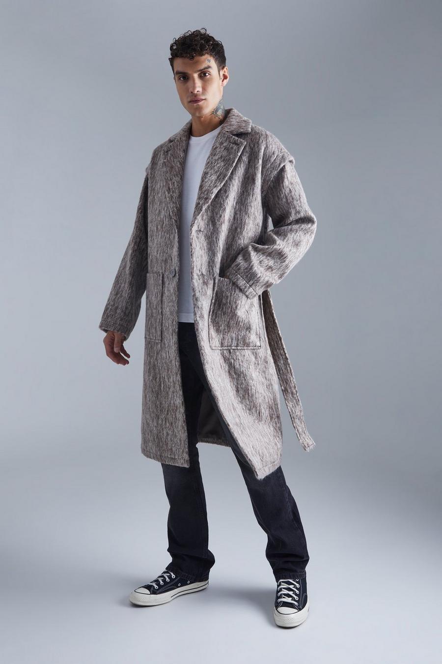 Abrigo largo efecto lana cardado con cinturón, Grey