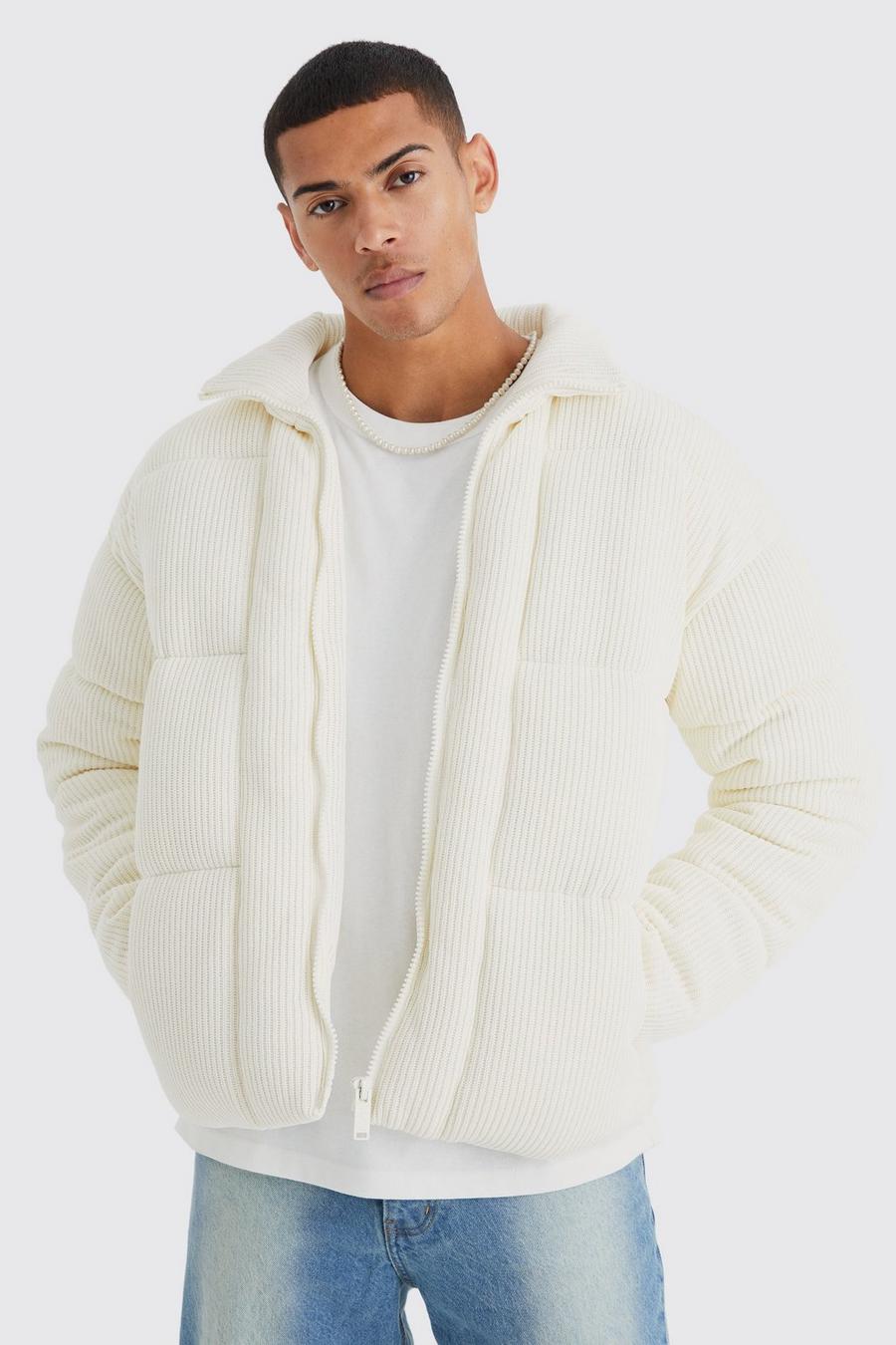 Ecru Chunky Knitted Funnel Neck Puffer