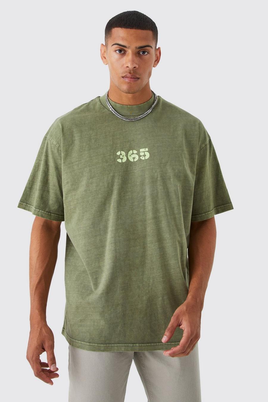 Camiseta oversize de tela desteñida gruesa con emblema, Khaki