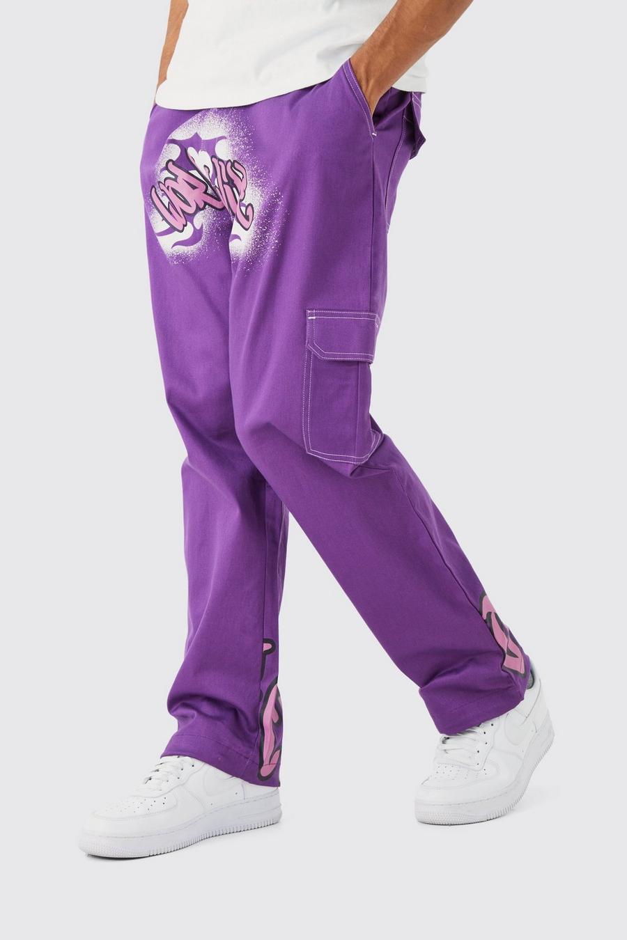 Pantalón cargo holgado con estampado de grafiti, Purple