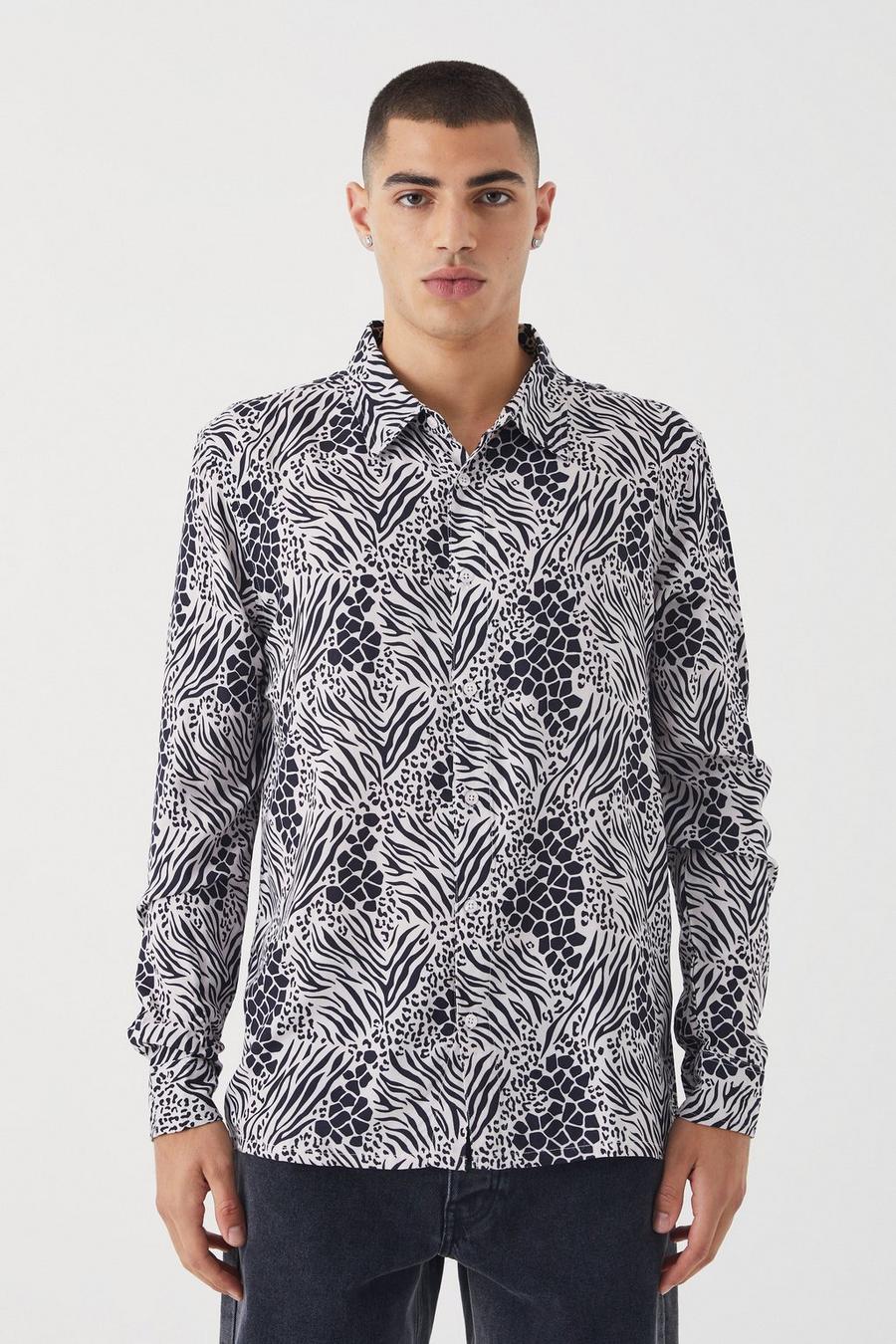 Camisa de manga larga y viscosa con estampado de flores monocromáticas, Black image number 1