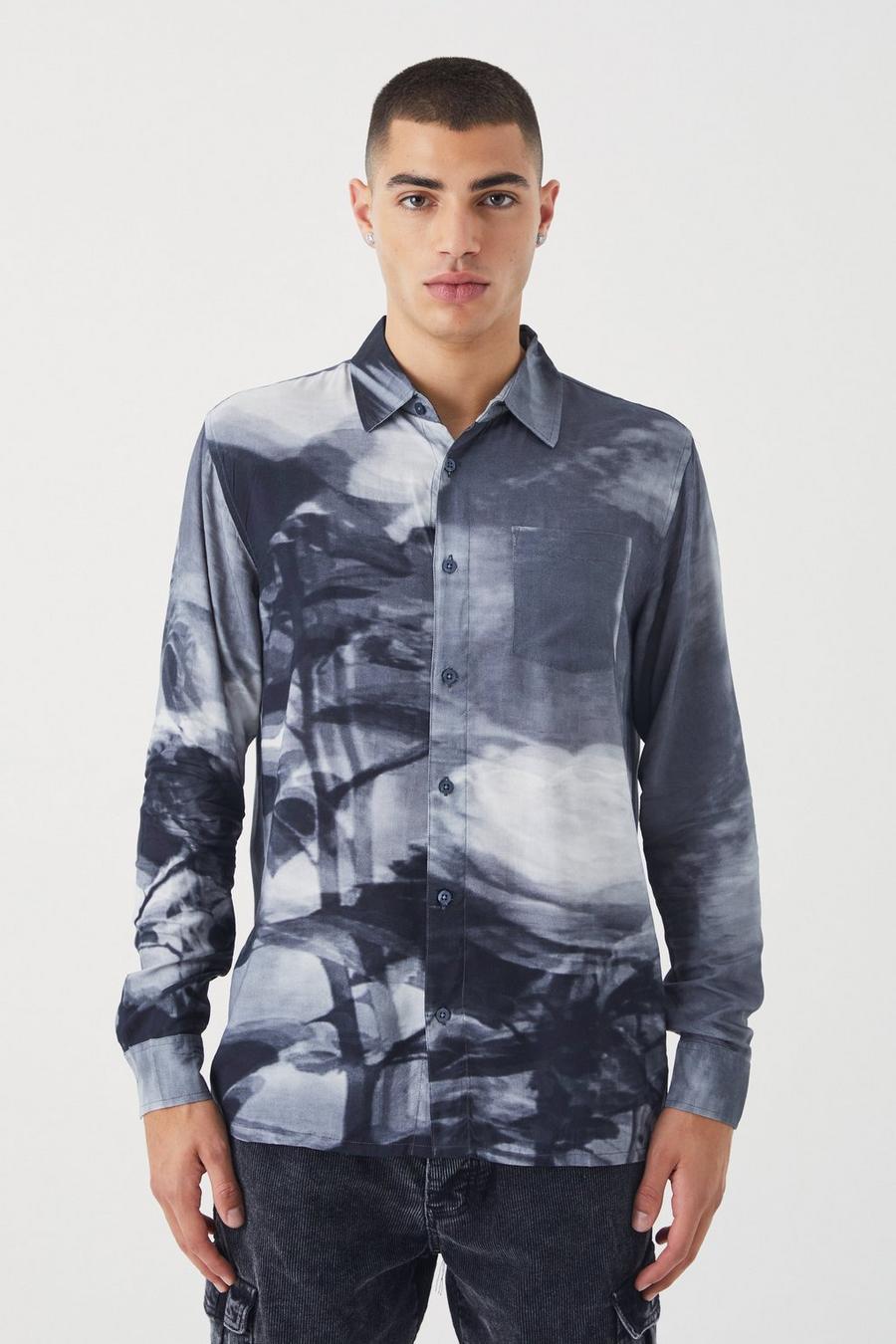 Camisa de manga larga y viscosa con estampado de flores abstractas, Grey