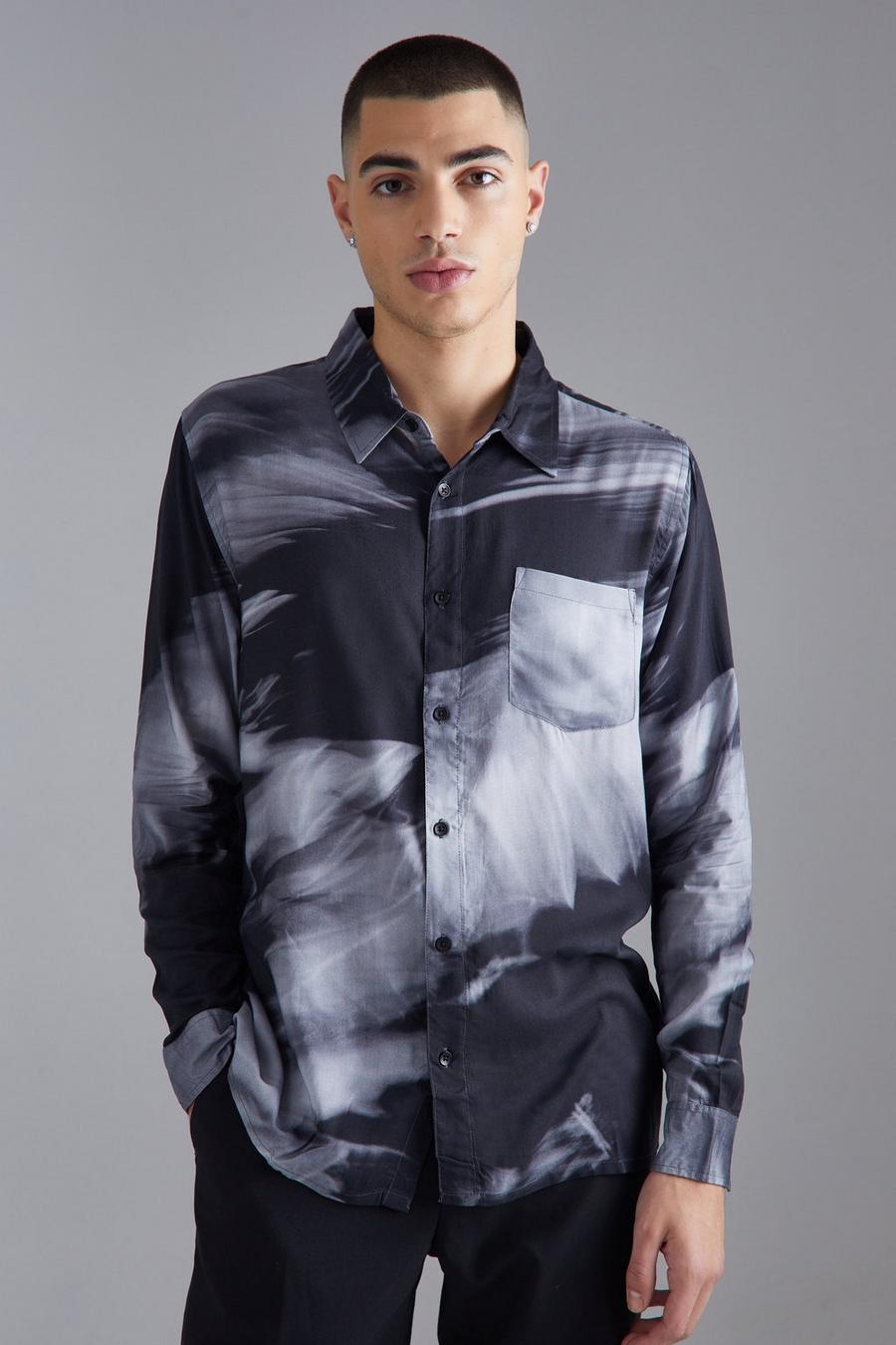 Camicia a maniche lunghe in viscosa in fantasia tie dye astratta, Grey