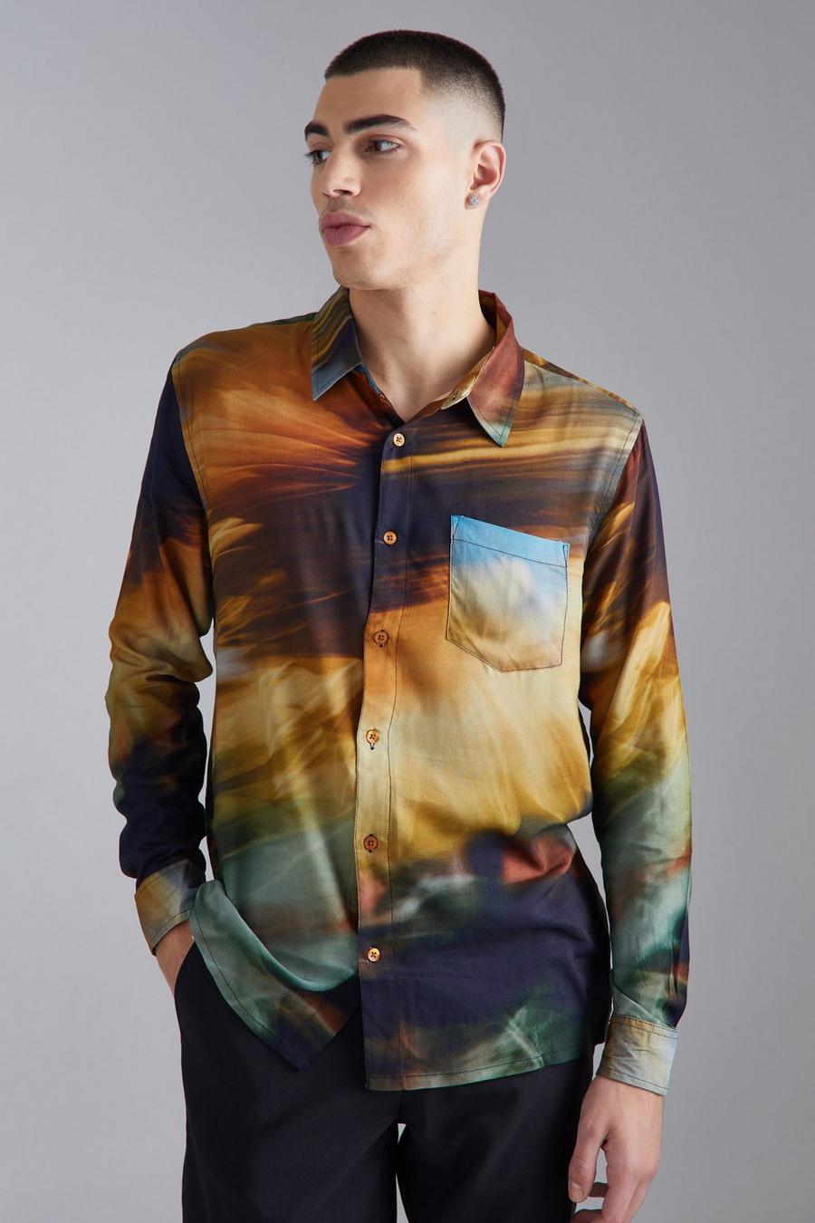 Camisa de manga larga y viscosa con desteñido anudado abstracto, Brown