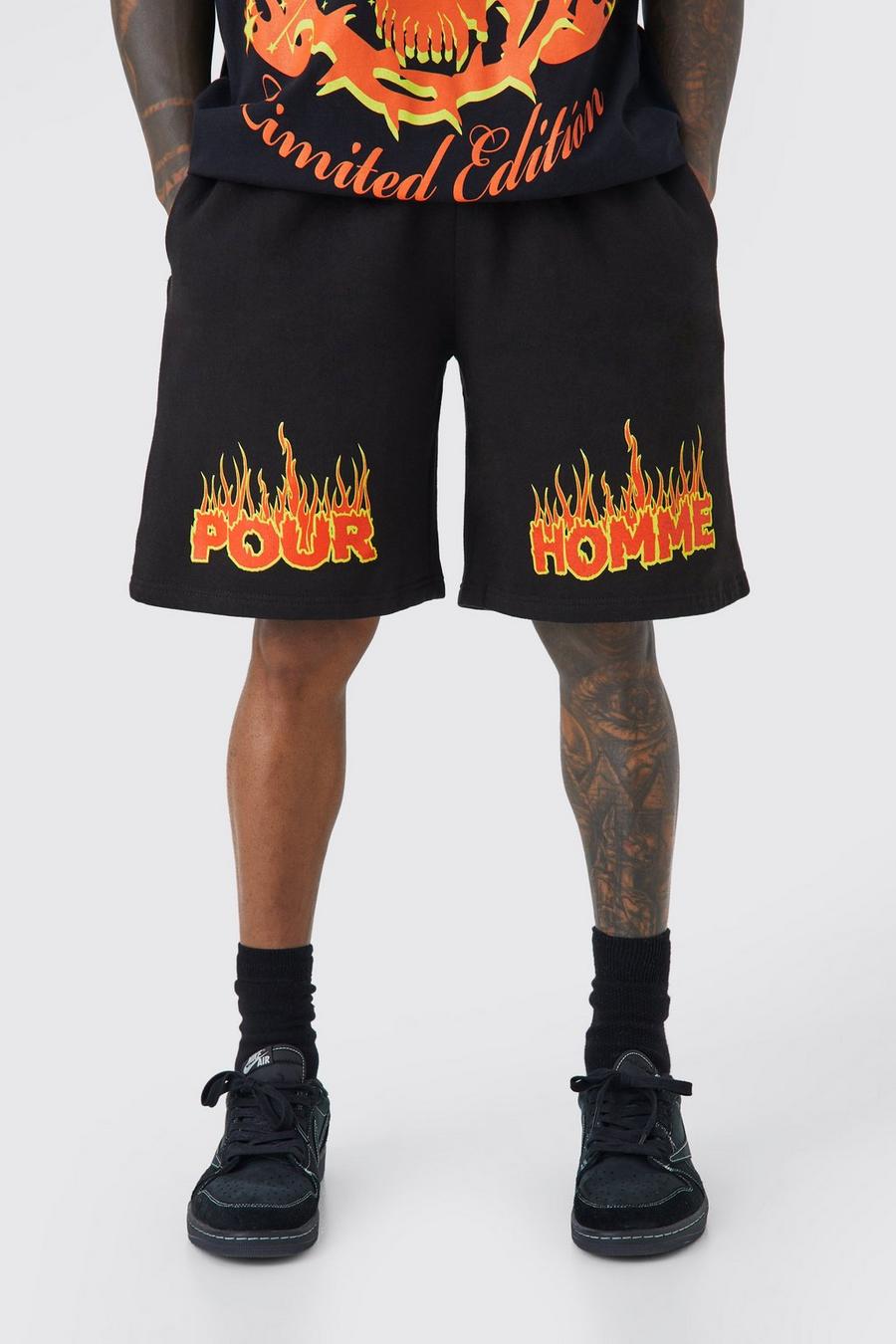 Oversize Jersey-Shorts mit Pour Homme Flammen-Print, Black