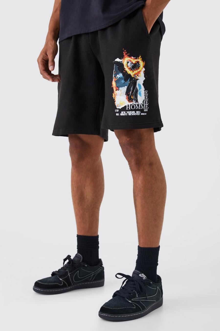 Oversize Jersey-Shorts mit Statuen Flammen Print, Black