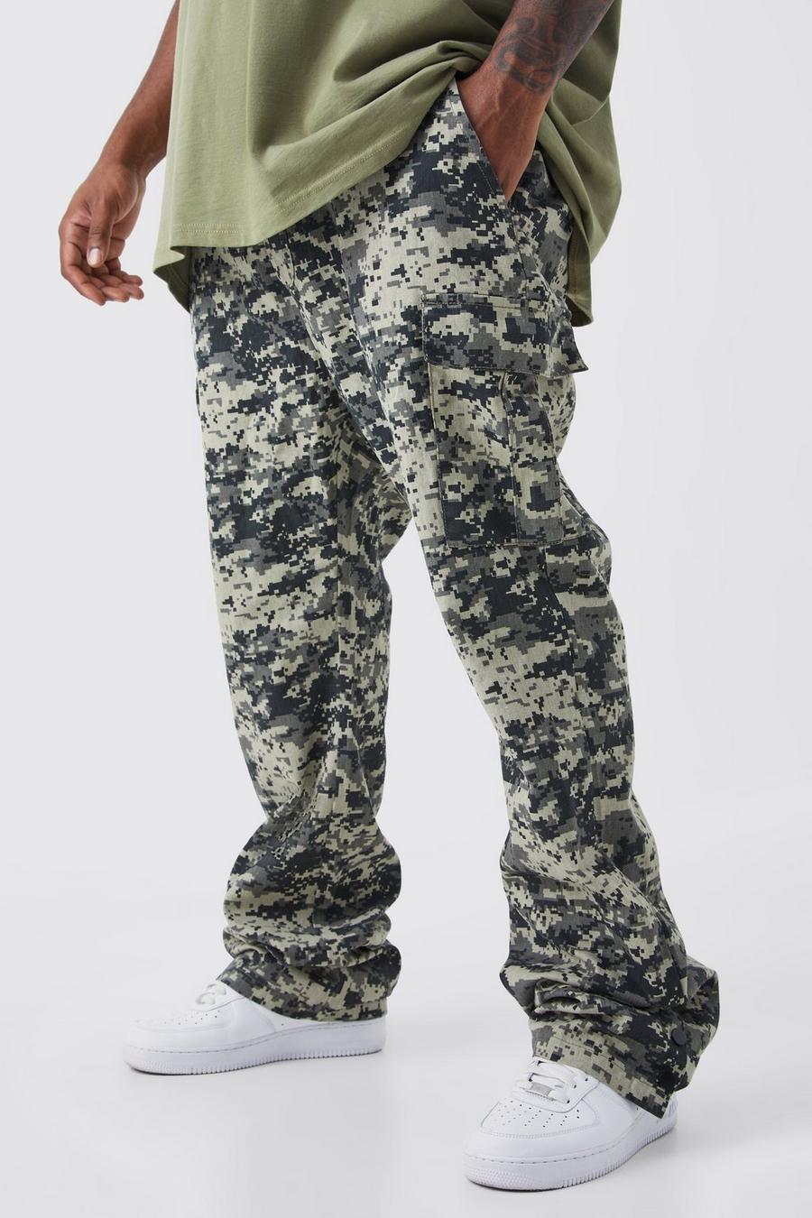 Pantaloni Cargo Plus Size Slim Fit in fantasia militare con bottoni a pressione sul fondo, Charcoal