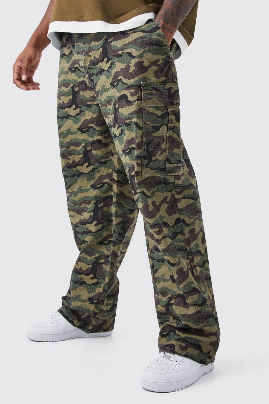 Pantaloni Cargo Plus Size rilassati in nylon ripstop in fantasia militare con laccetti sul fondo, Khaki
