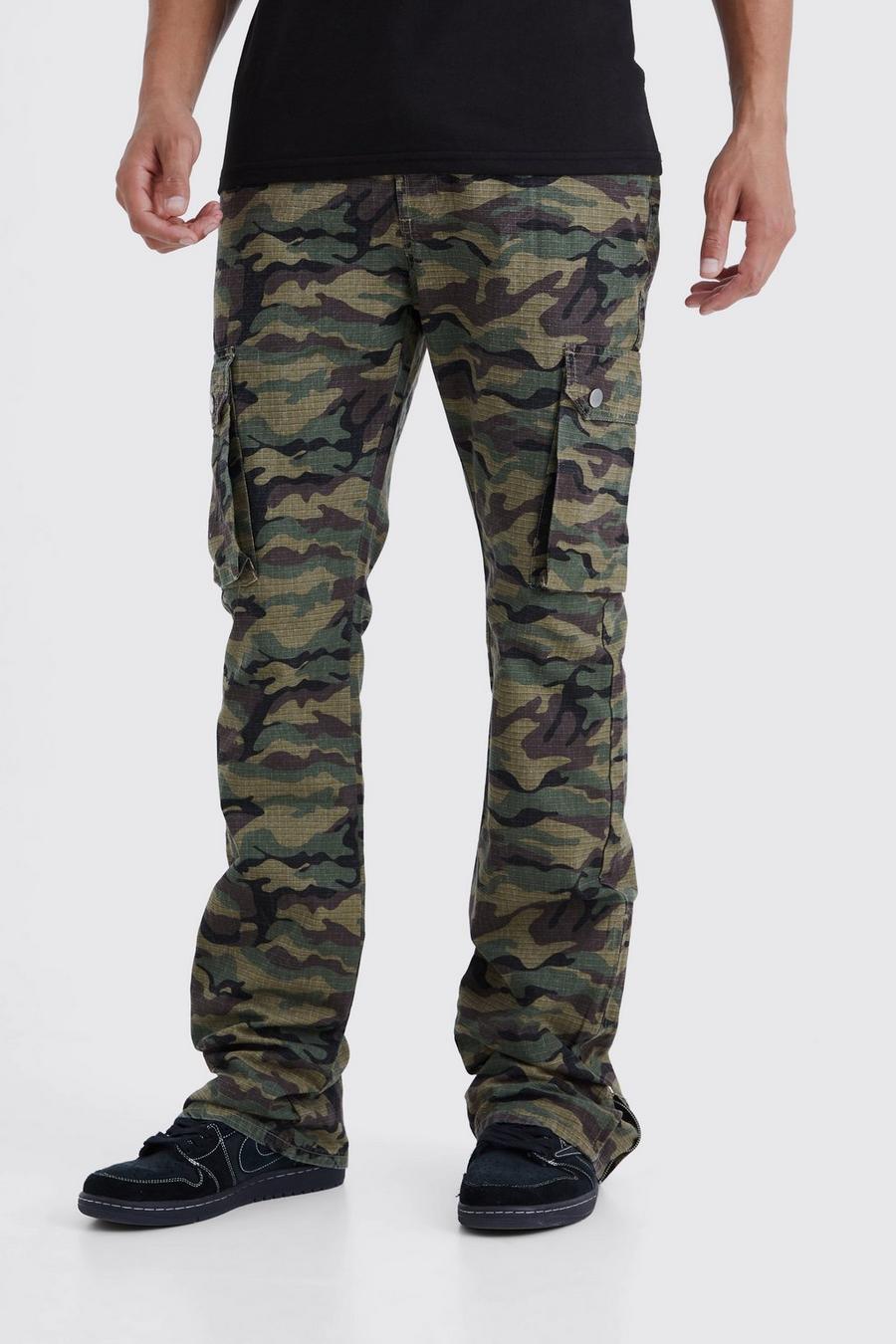 Pantaloni Cargo Tall Slim Fit in nylon ripstop in nylon ripstop con pieghe sul fondo, zip e inserti in fantasia militare, Khaki