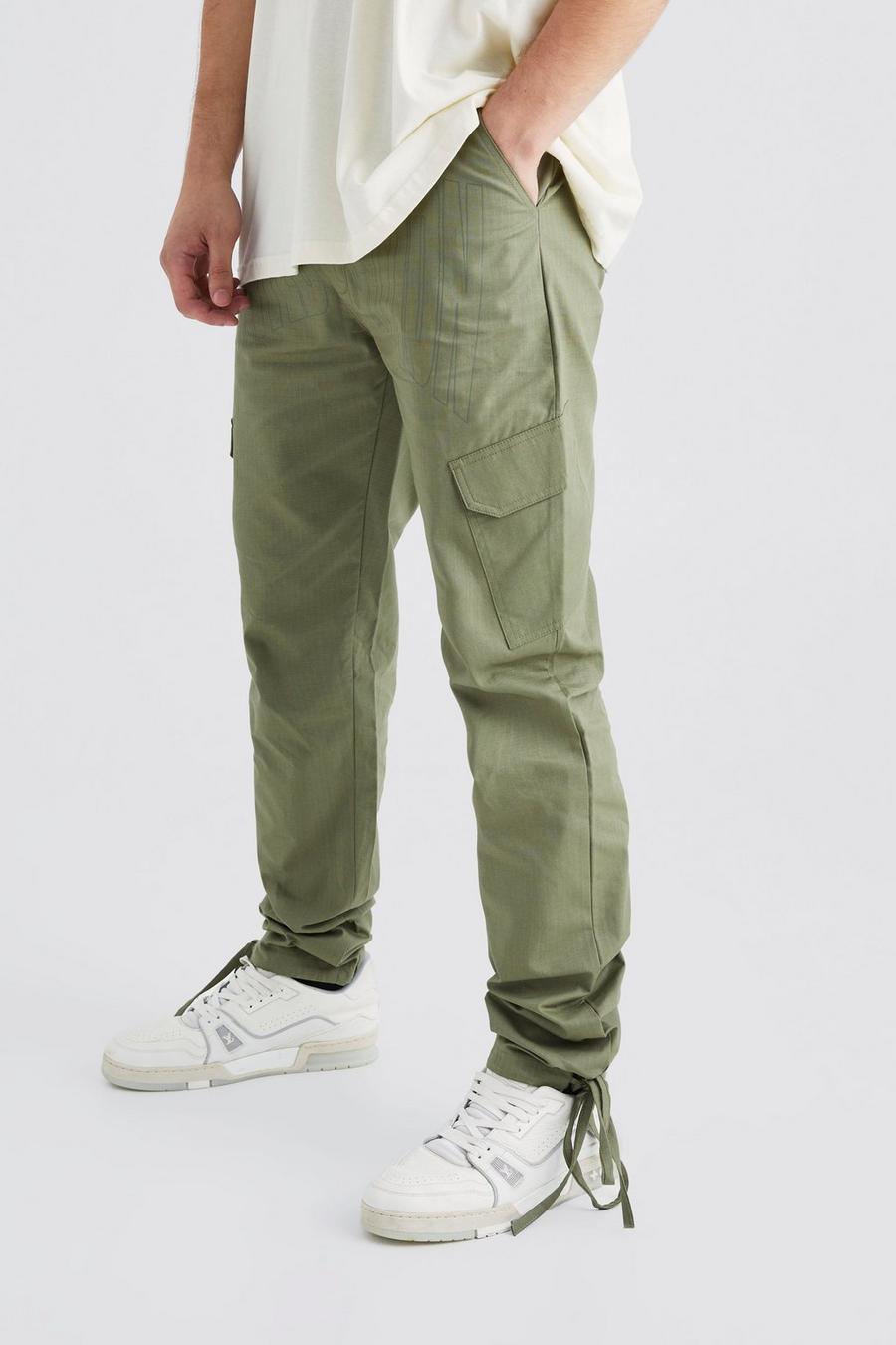 Pantaloni Cargo Tall Slim Fit in nylon ripstop tono su tono, Khaki