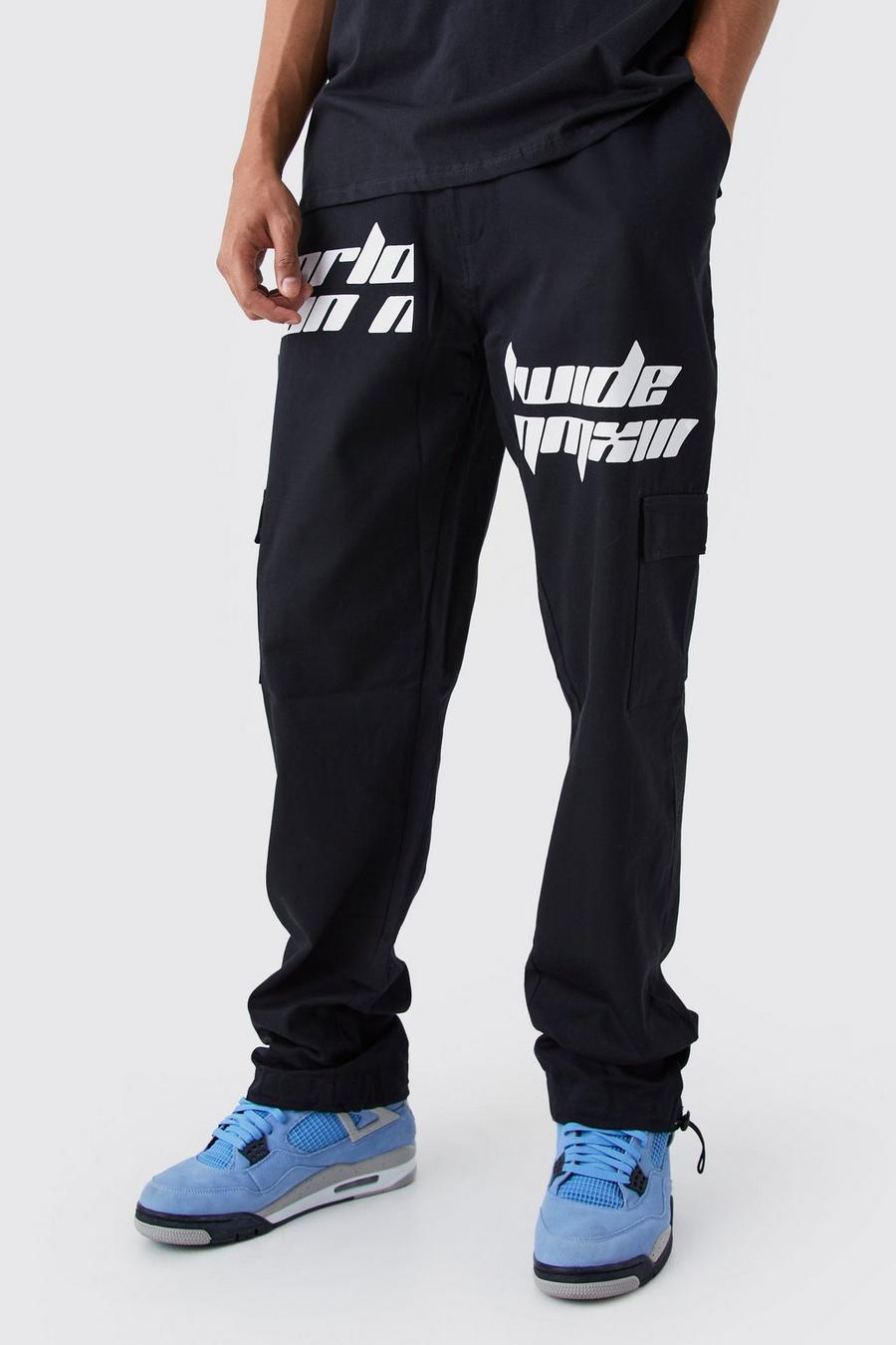 Black Tall Relaxed Cargo Spliced Text Print Trouser