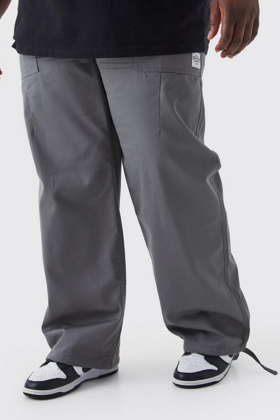 Pantaloni lunghi Plus Size rilassati in nylon ripstop elasticizzato con etichetta, Charcoal