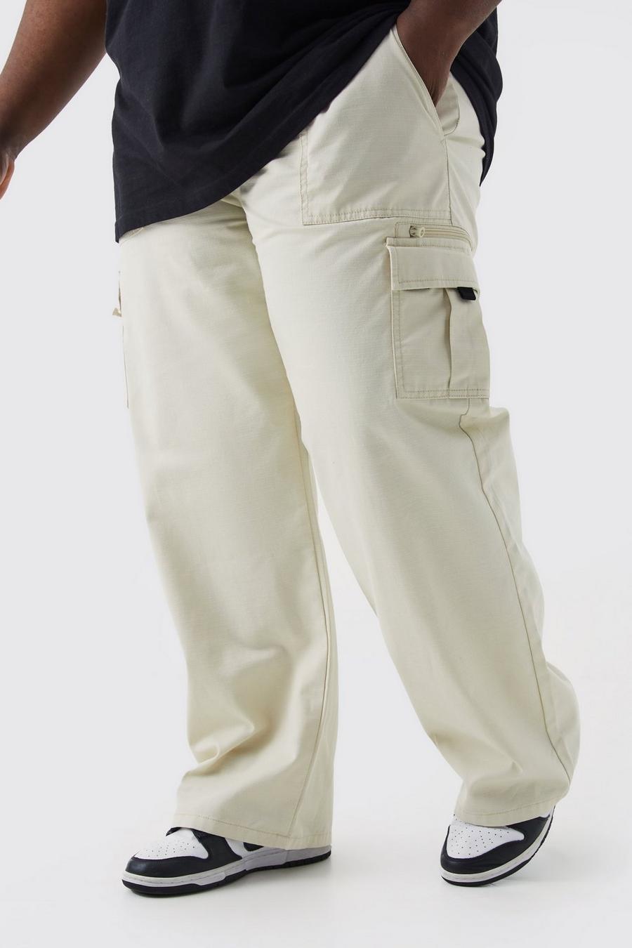 Pantaloni Cargo Plus Size in nylon ripstop elasticizzato con zip, Stone