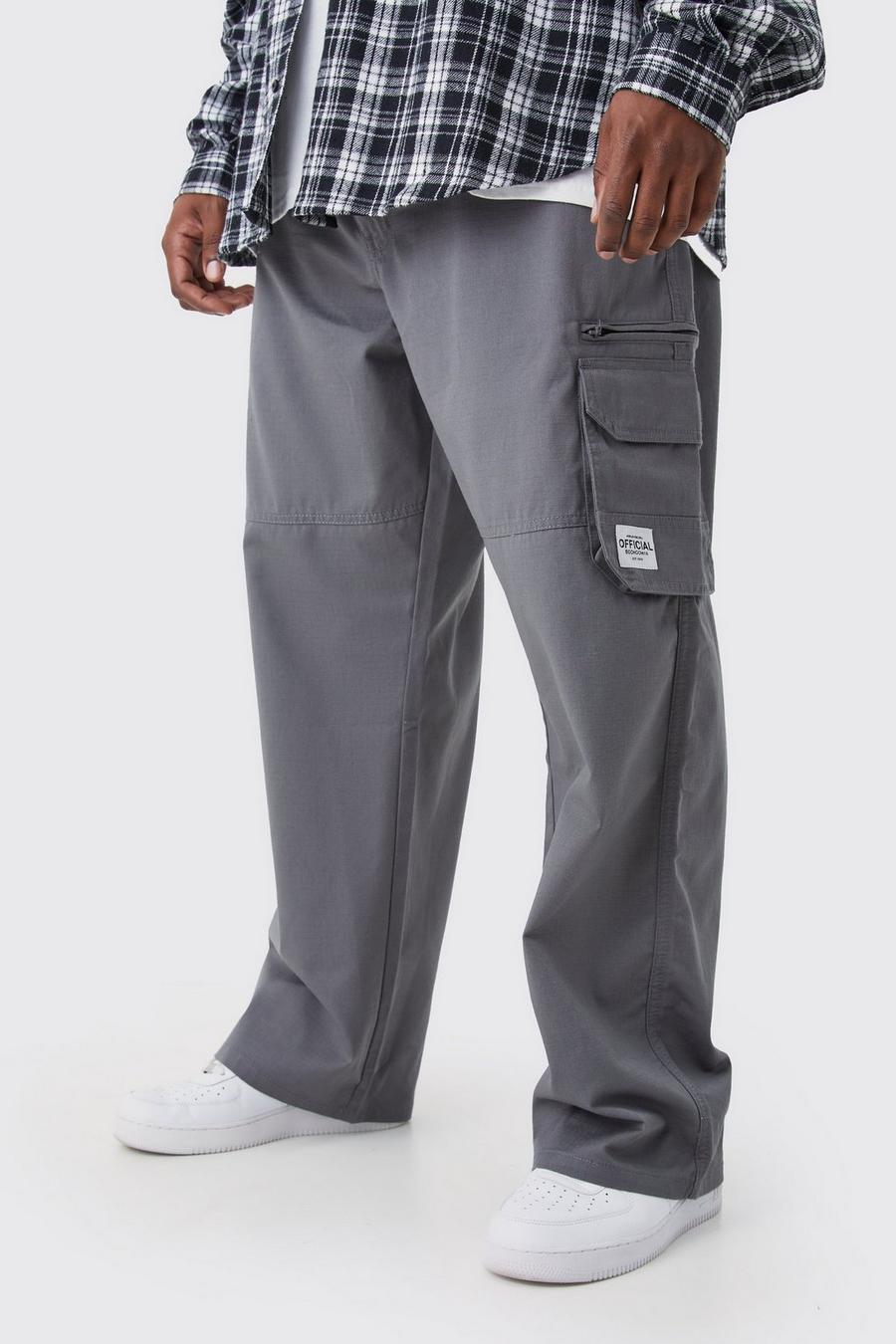 Charcoal Plus Fixed Ripstop Cargo Zip Trouser With Woven Tab