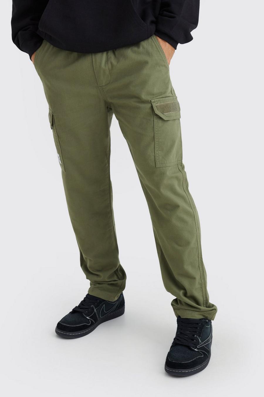 Khaki Elasticated Waist Straight Felt Detail Cargo Trouser 