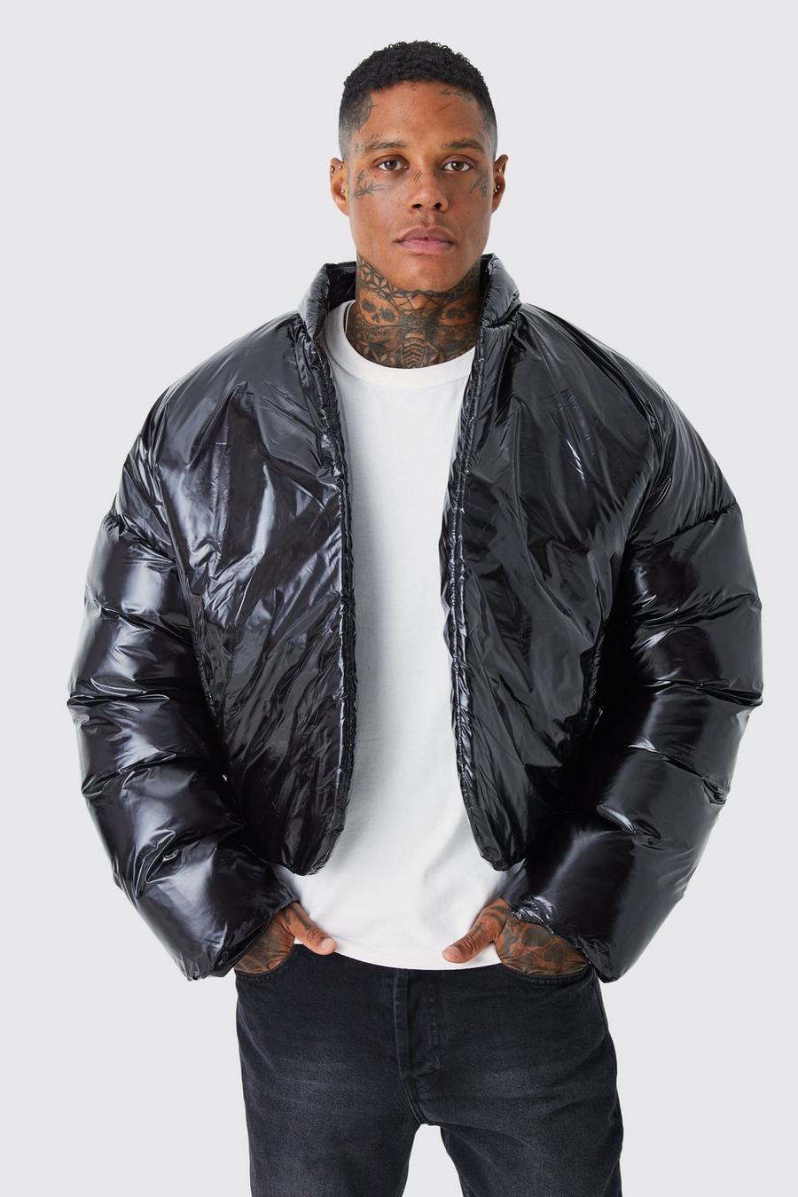 Black Boxy High Shine Volume Padded Puffer Bomber