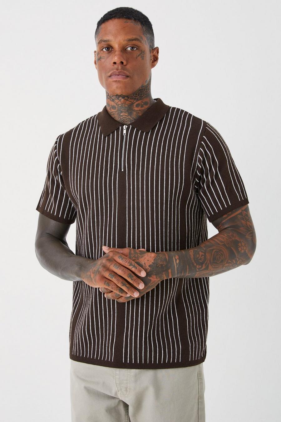 Taupe Regular Vertical Stripe Knitted Half Zip Polo