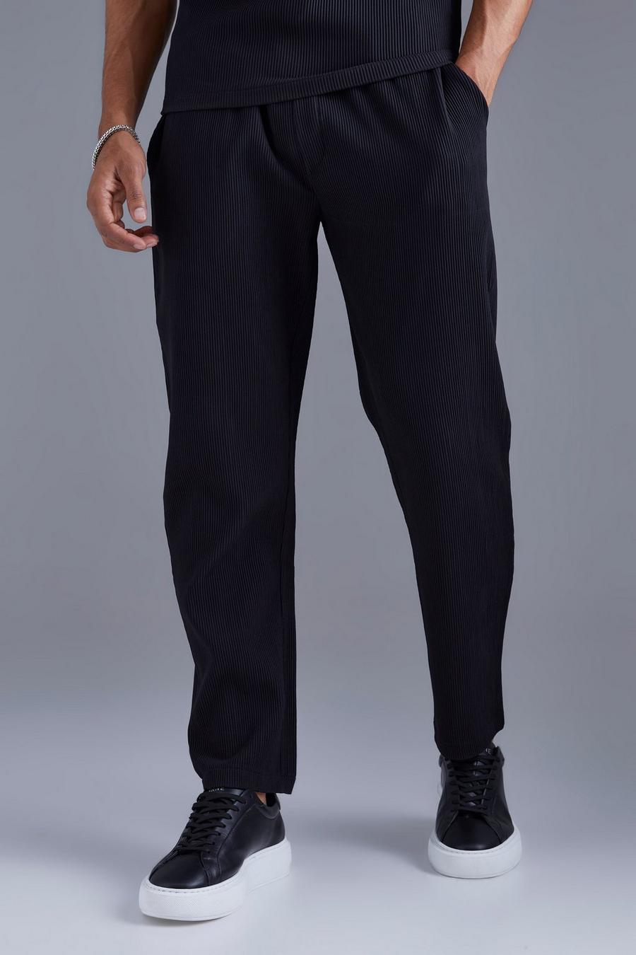Black Elasticated Waist Tapered Fit Pleated Trouser