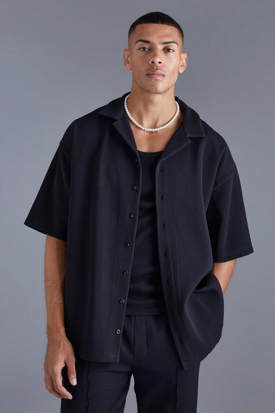 Black Oversized Geplooid Overhemd Met Korte Mouwen En Revers Kraag