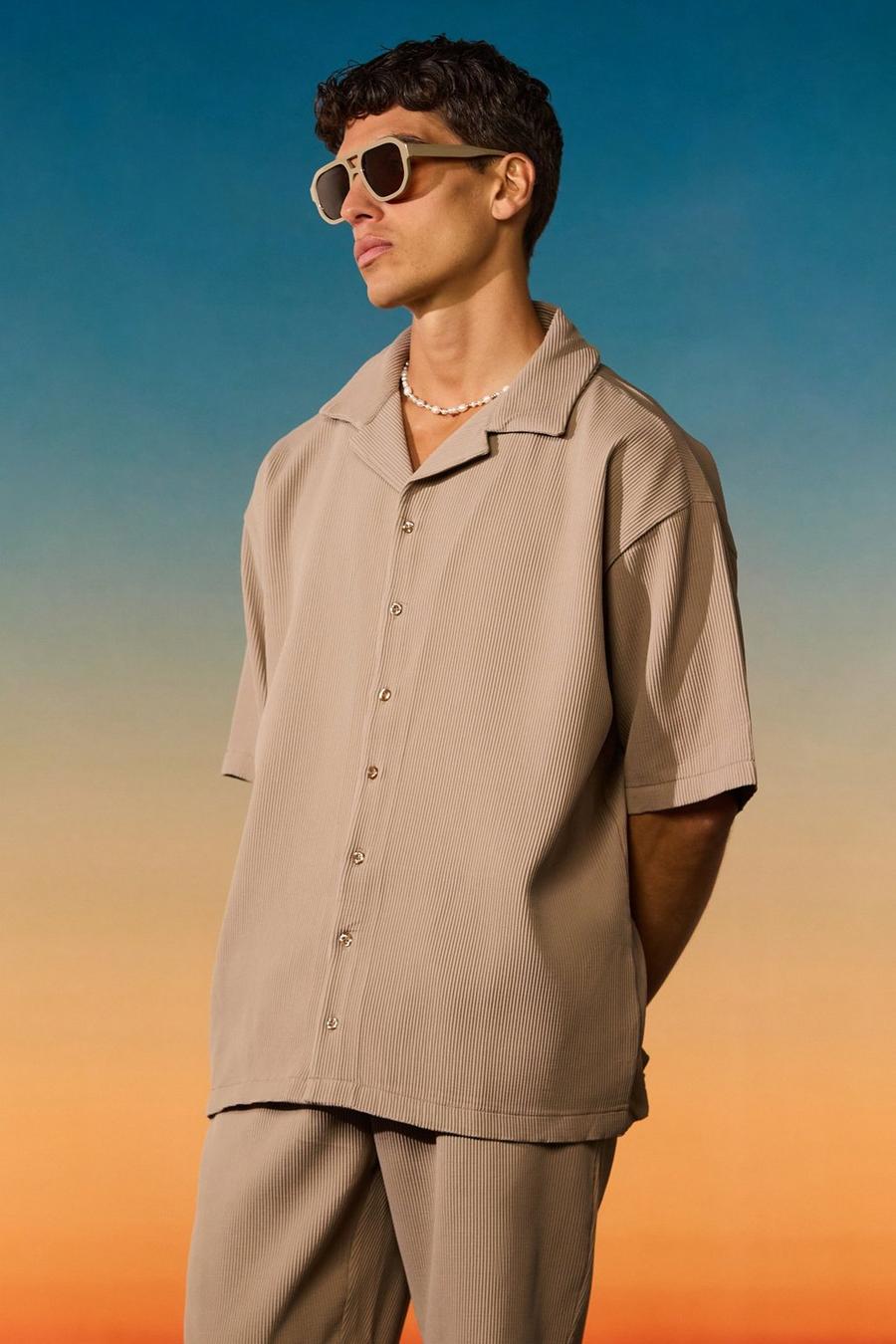 Mocha Short Sleeve Oversized Pleated Shirt & Short Set image number 1