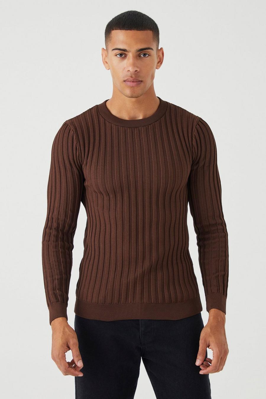 Brown Muscle Fit Ribbed Long Sleeve Jumper image number 1