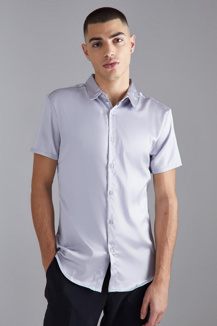 Camicia attillata a maniche corte in raso, Grey