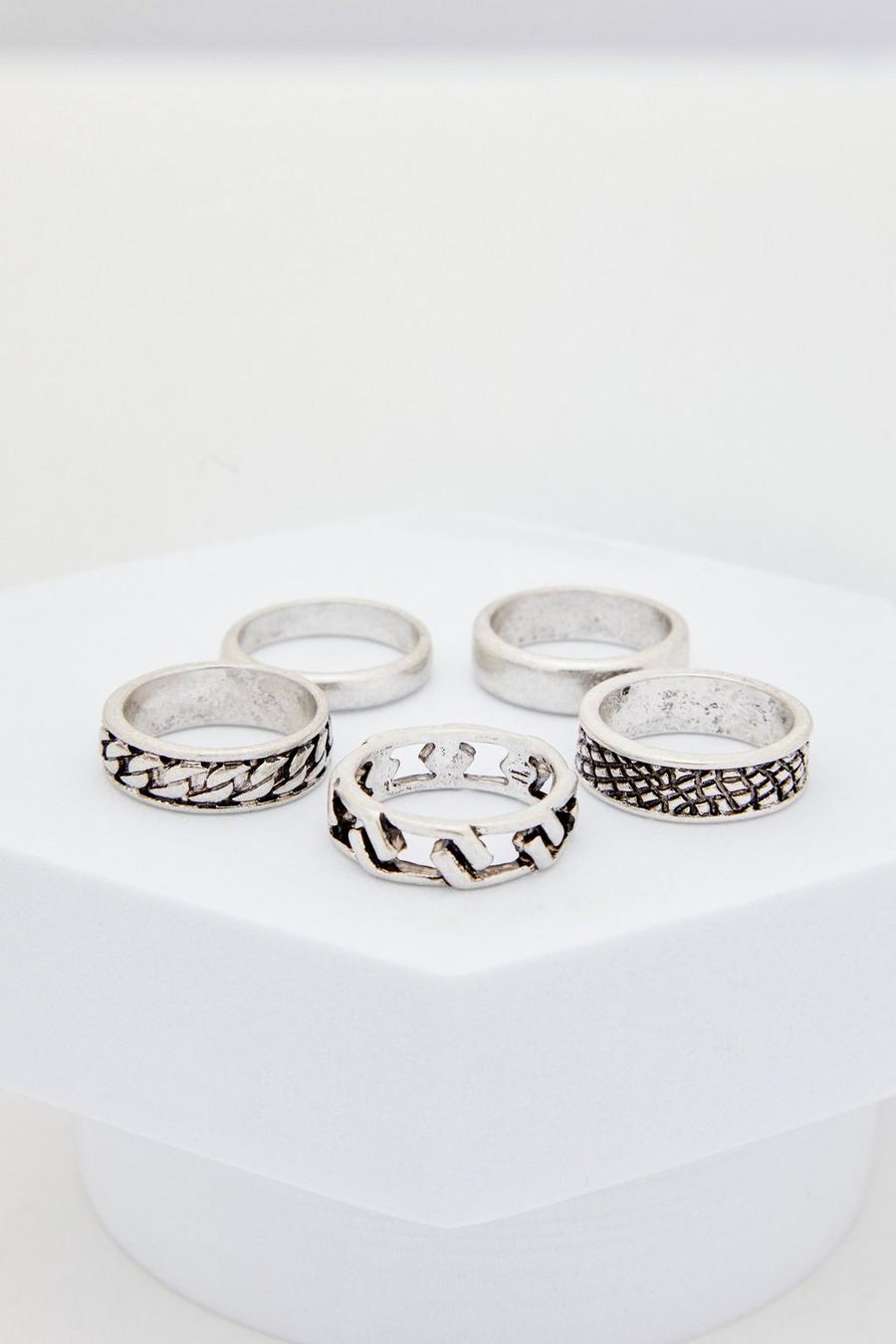 Pack de 5 anillos con relieve, Silver