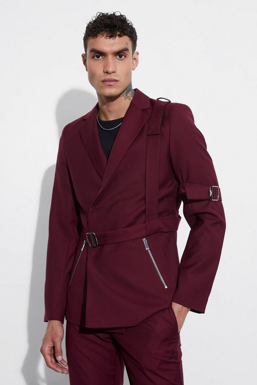 Wine Skinny Fit Suit Blazer With Strap Detail