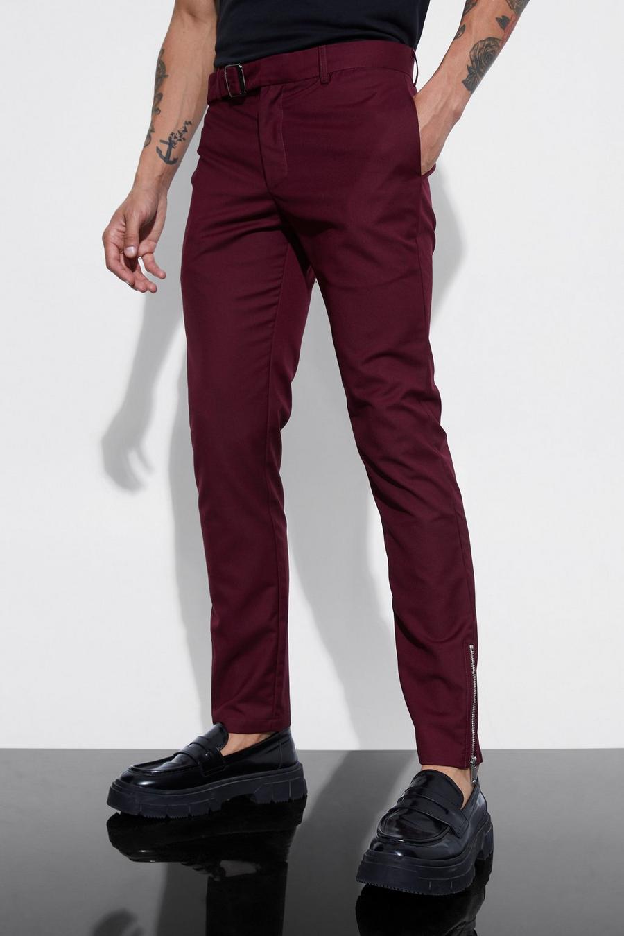 Wine Skinny Fit Suit Trouser With Belt Detail