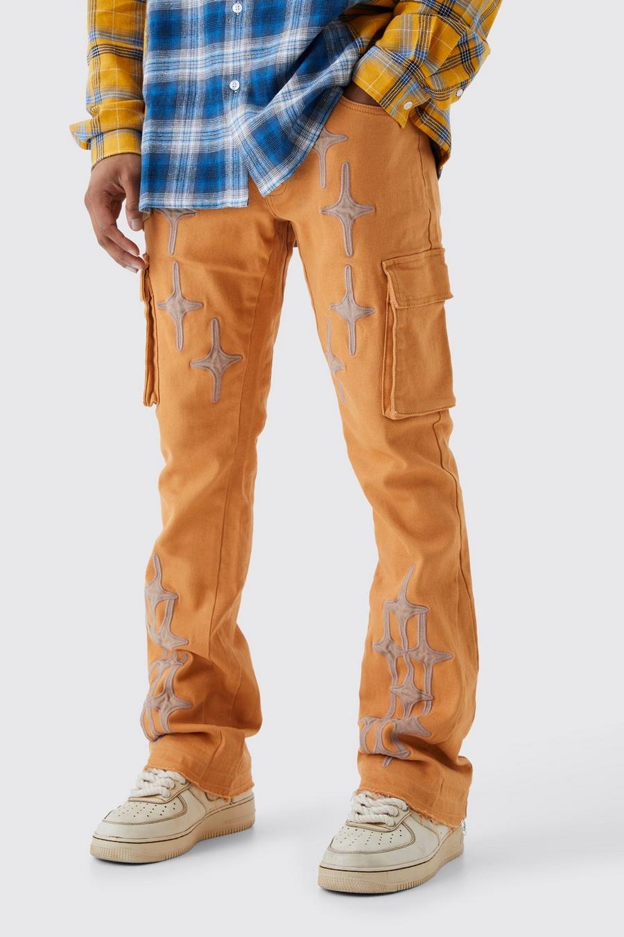 Pantalón pitillo de campana con apliques, refuerzos y cintura fija, Orange