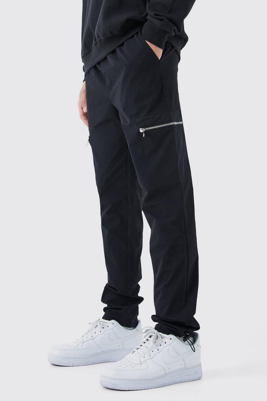 Black Elasticated Waist Slim Technical Stretch Cargo Trouser image number 1
