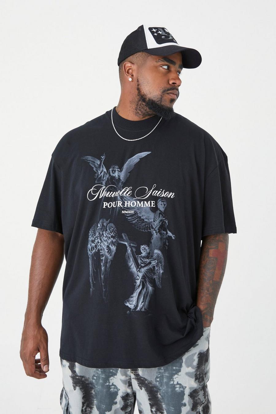 Plus Oversize T-Shirt mit Renaissance-Print, Black