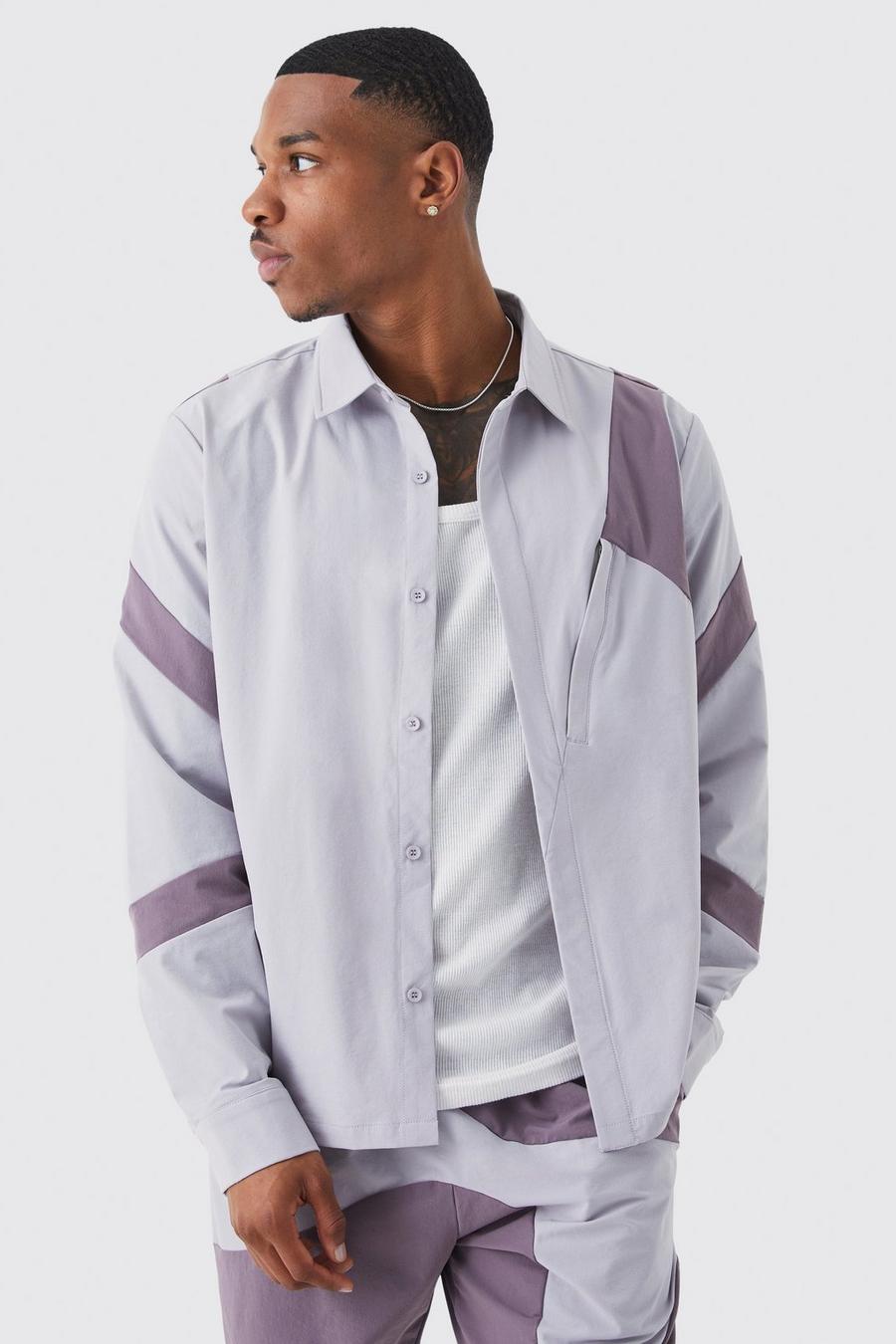 Camisa de manga larga con solapa oculta y panel técnico, Grey