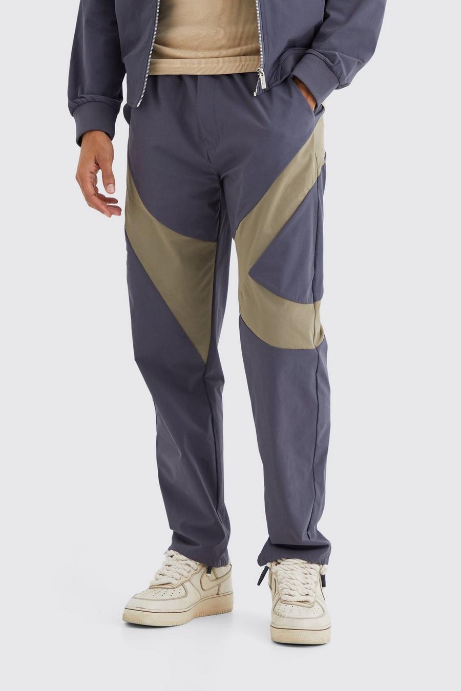 Pantalón recto con cintura elástica y panel técnico, Grey
