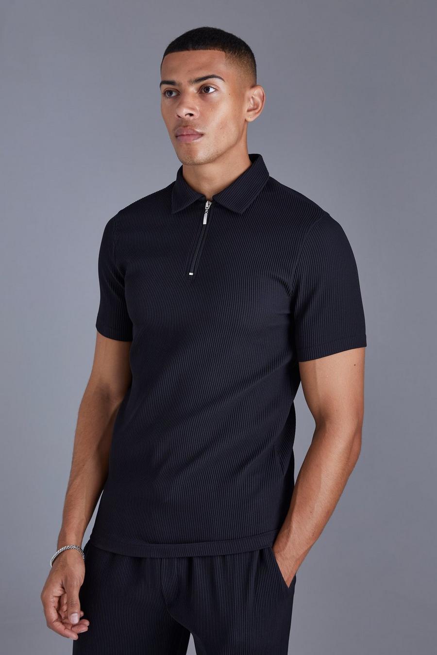 Black Pleated Muscle Short Sleeve Zip Polo Shirt