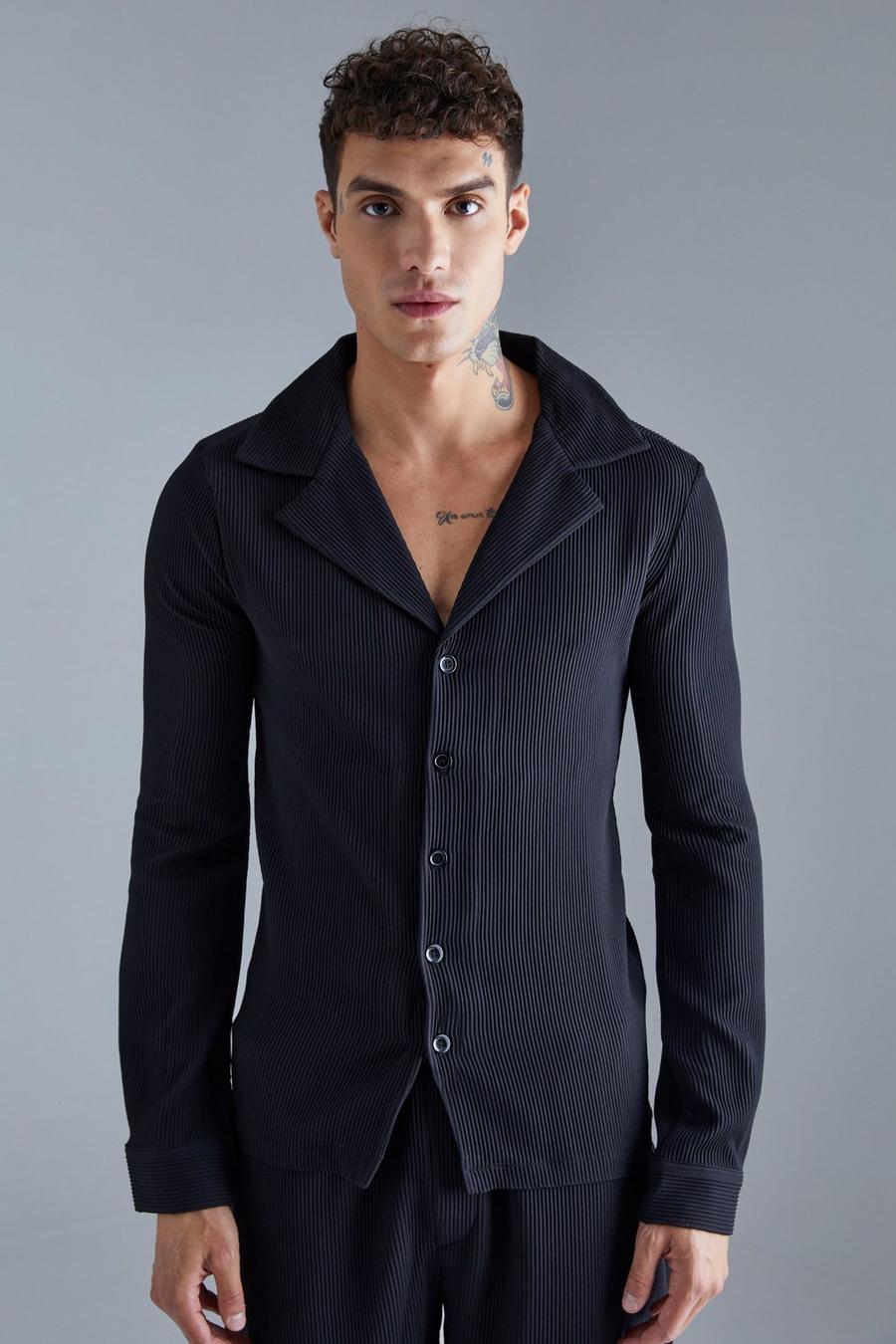 Camisa plisada de manga larga ajustada al músculo con solapas, Black