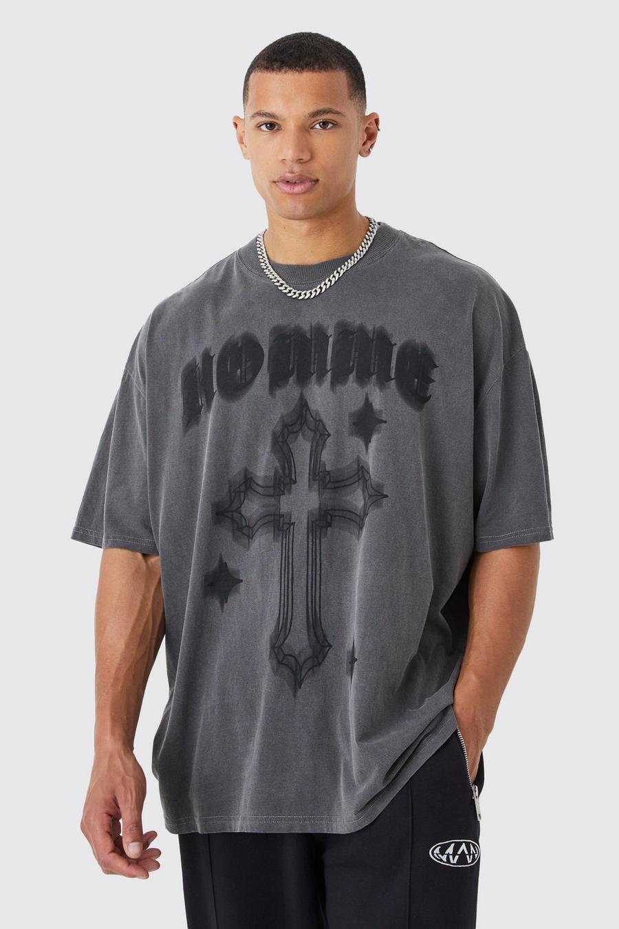 Tall Oversize T-Shirt mit Gothic Homme Print, Charcoal