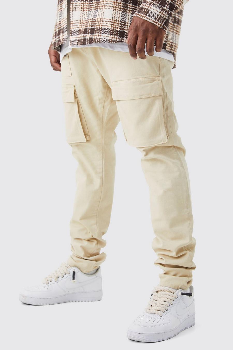 Pantaloni Cargo Plus Size Skinny Fit con vita fissa, pieghe sul fondo e zip, Stone