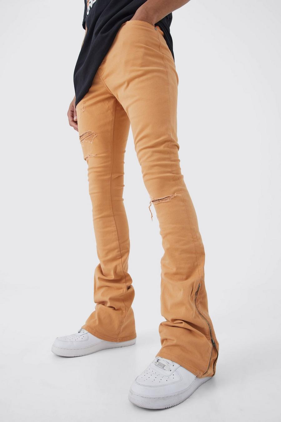 Pantaloni Tall con strappi & rattoppi in vita fissa, zip e inserti, Orange