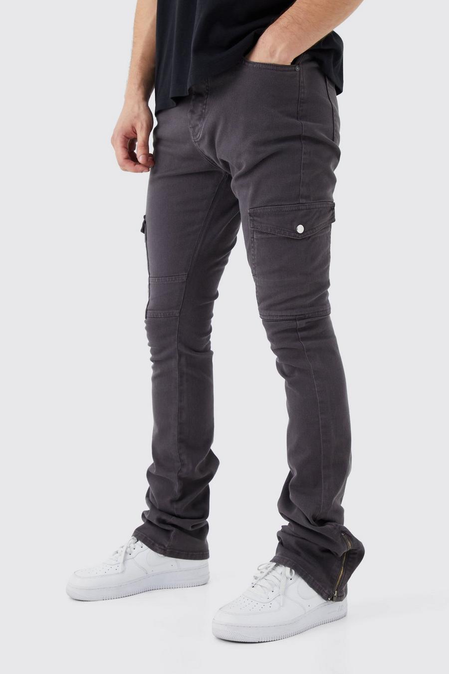 Charcoal Tall Fixed Waist Skinny Stacked Zip Gusset Cargo Trouser