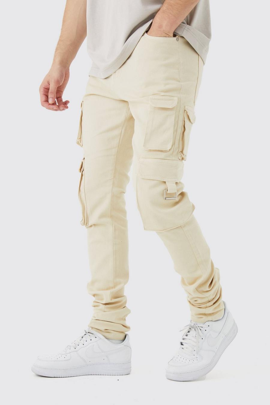 Stone Tall Fixed Waist Skinny Stacked Multi Cargo Trouser