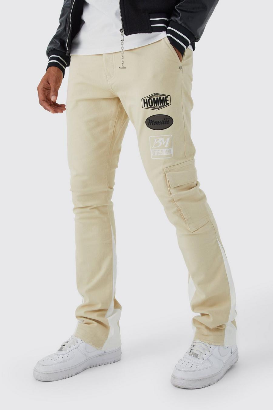Pantalón cargo ajustado de campana con cintura fija y emblema de motociclismo, Stone