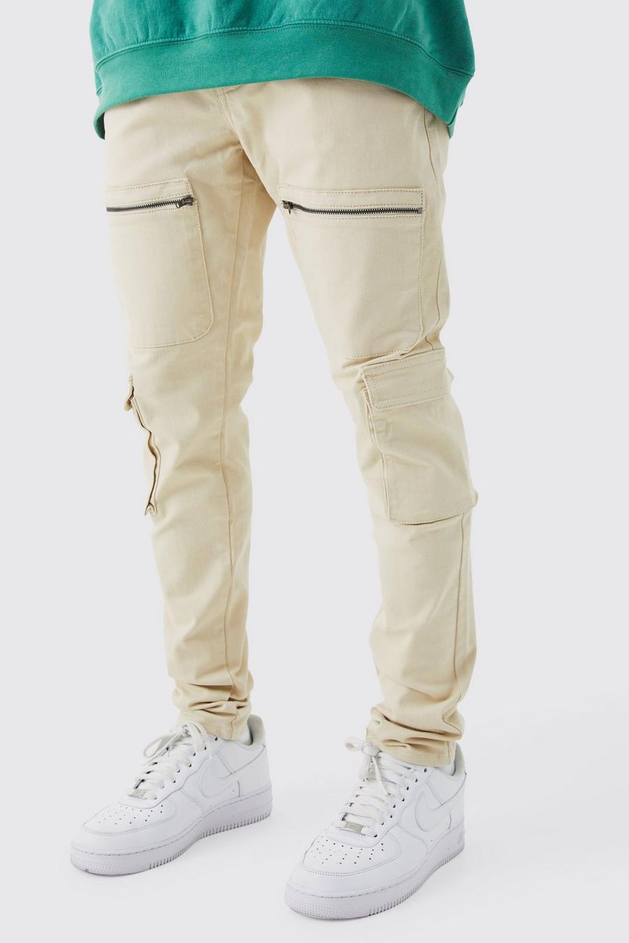Pantalon cargo skinny à poches multiples, Stone