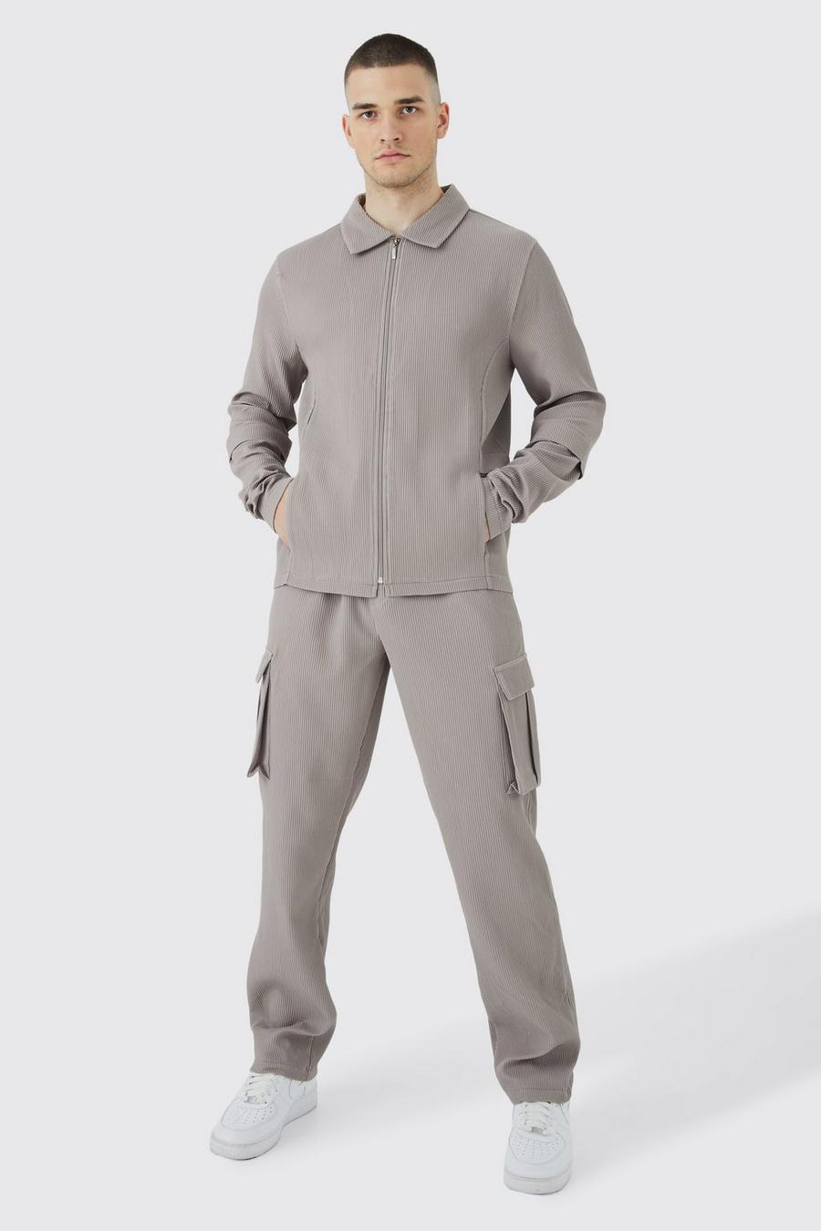 Taupe Tall Pleated Zip Shirt & Elasticated Straight Cargo Set