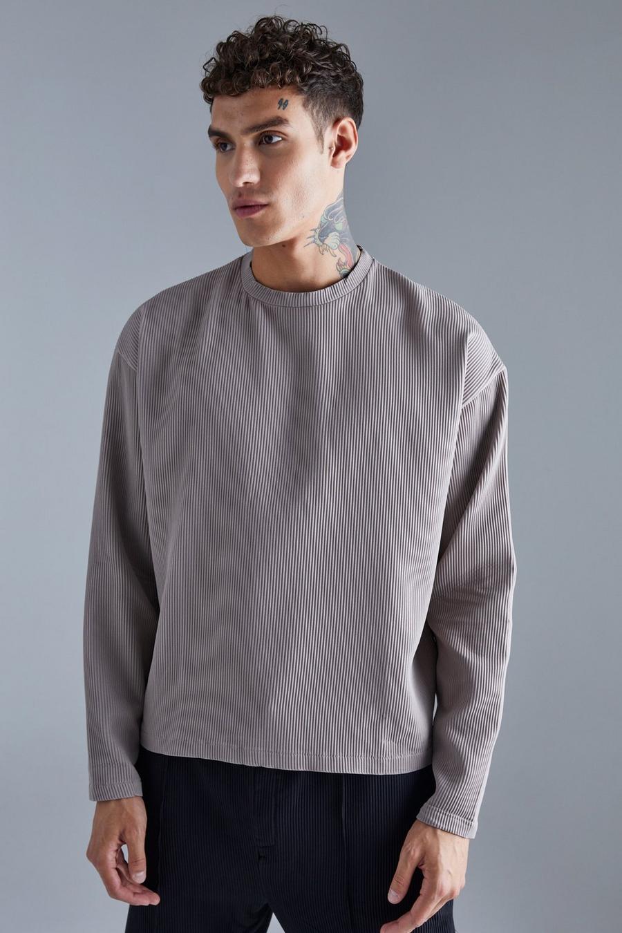 Taupe Pleated Longsleeve Sleeve Oversized Boxy T-shirt