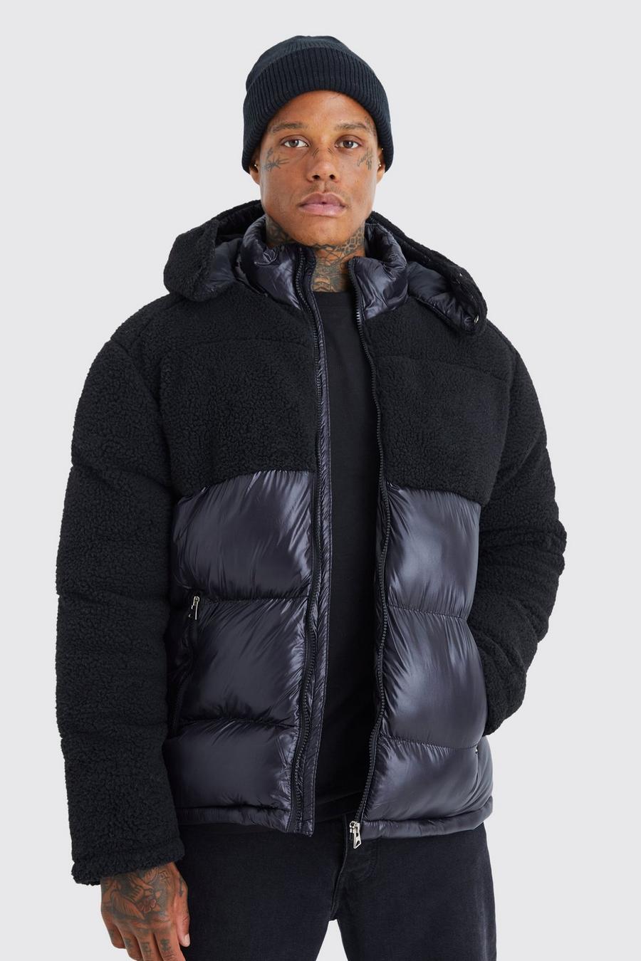 Borg and High Shine Hooded Puffer in Black